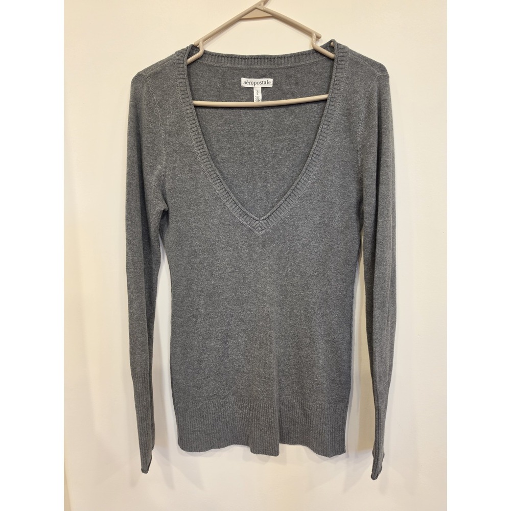Aeropostale Elena Gilbert Core Gray Deep V-Neck Sweater Top Women's Large Y2K